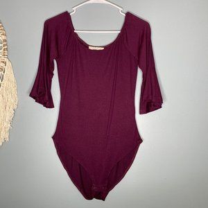 No Comment 3/4 Bell Sleeve Body Suit in Burgundy